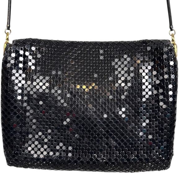 La Regale Vintage Shoulder Purse Black Chainmail Sequin Flap Style Snap Closure - Picture 2 of 9